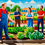 **Prompt:** A vibrant mural depicting community members collaborating on a sustainable garden in a sunny urban setting, fully clothed, appropriate attire, safe for work, perfect anatomy, natural proportions, professional illustration, high quality, family-friendly.
