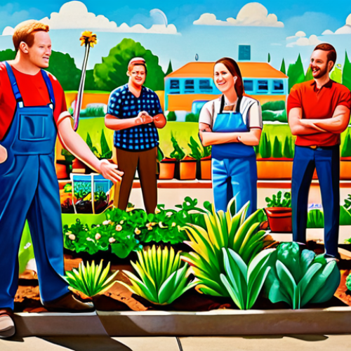 Home 9 **Prompt:** A vibrant mural depicting community members collaborating on a sustainable garden in a sunny urban setting, fully clothed, appropriate attire, safe for work, perfect anatomy, natural proportions, professional illustration, high quality, family-friendly.