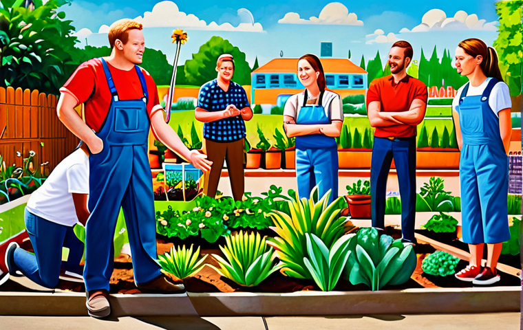 **Prompt:** A vibrant mural depicting community members collaborating on a sustainable garden in a sunny urban setting, fully clothed, appropriate attire, safe for work, perfect anatomy, natural proportions, professional illustration, high quality, family-friendly.