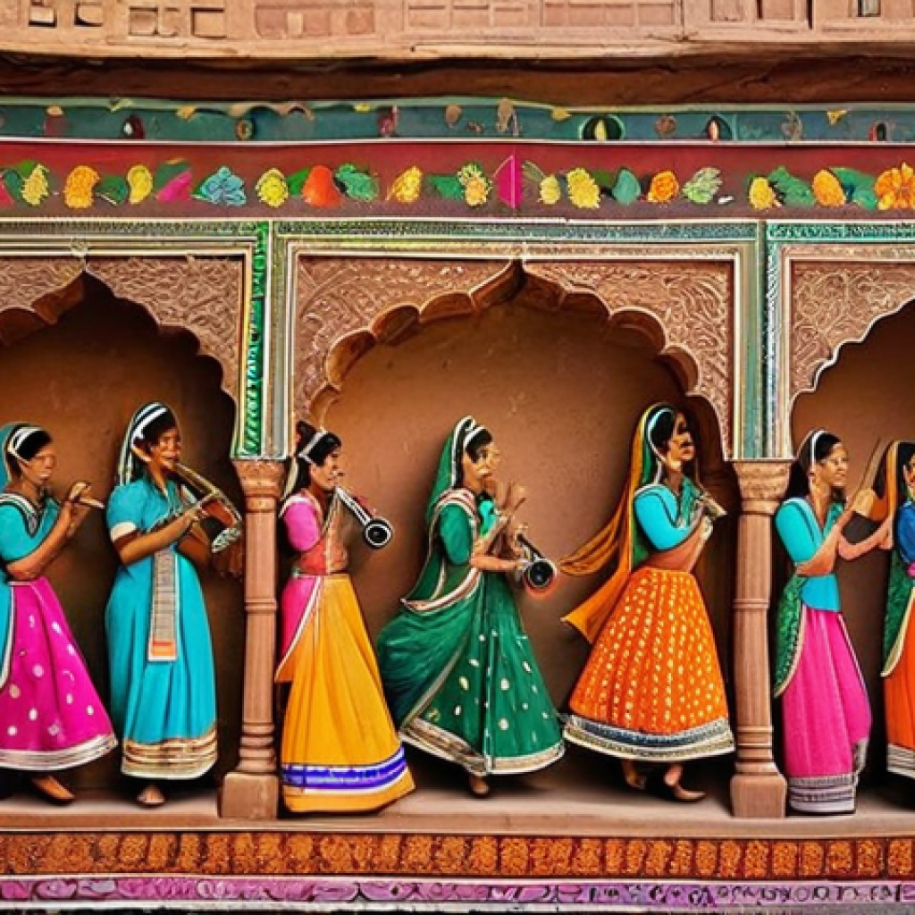 벽화여행 예술과 여행 - **Vibrant Rajasthani Haveli Mural:** A highly detailed and vibrantly colored traditional mural cover...
