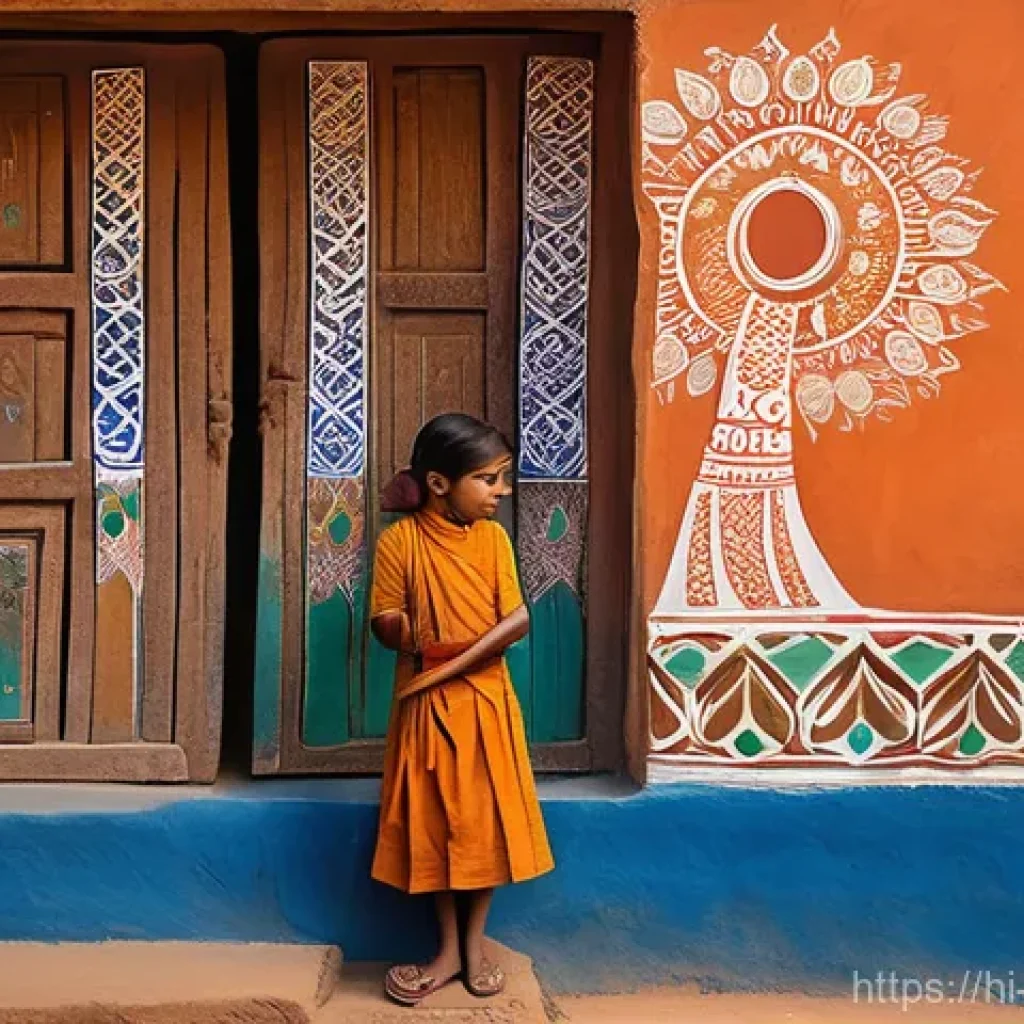 벽화여행 예술가 인터뷰 - **Prompt:** A young Indian child, perhaps around 8-10 years old, wearing traditional and modest, cle...