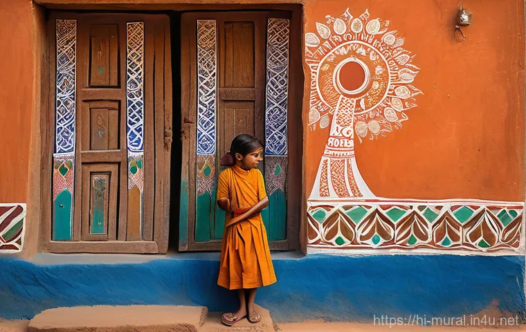 벽화여행 예술가 인터뷰 - **Prompt:** A young Indian child, perhaps around 8-10 years old, wearing traditional and modest, cle...