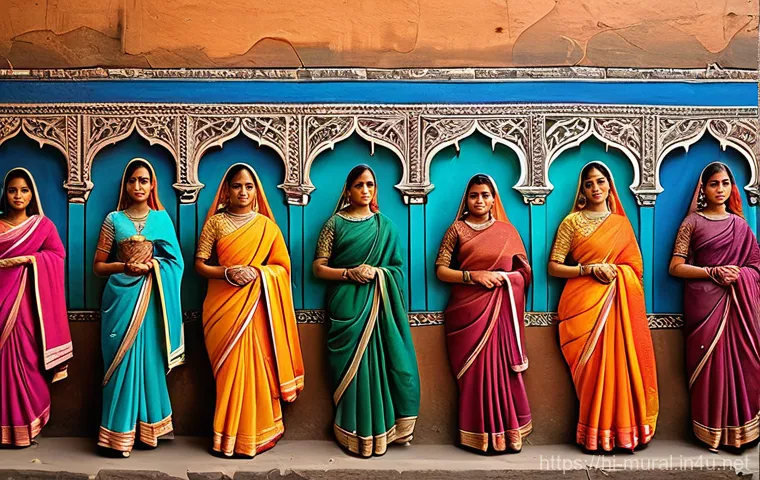 벽화 예술로 본 지역 특징 - **Prompt:** A vibrant, detailed mural covering a large, weathered stone wall in an old Indian city a...