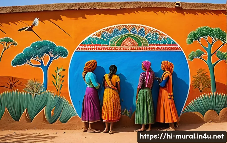 벽화여행 글쓰기 아이디어 - **Prompt 1: Rajasthani Village Mural - "The Soul of the Village"**
    "A stunning wide shot of a vi...