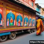 벽화와 관광지 - **Vibrant Cityscape with Cultural Murals:** A bustling street scene in an Indian city, bathed in war...