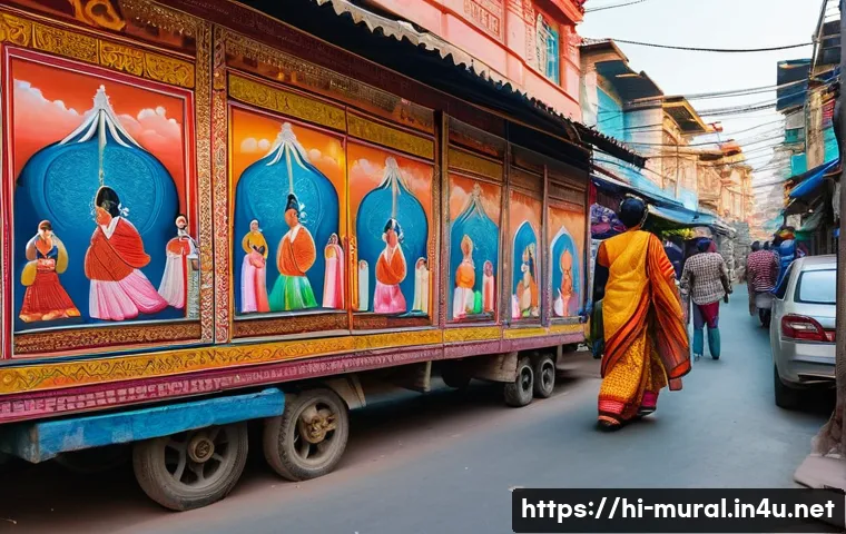 벽화와 관광지 - **Vibrant Cityscape with Cultural Murals:** A bustling street scene in an Indian city, bathed in war...