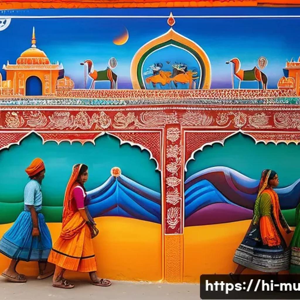 벽화 여행의 사회적 가치 - A vibrant street mural in a small Indian town depicting local history and folklore, featuring colorf...