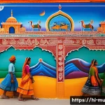 벽화 여행의 사회적 가치 - A vibrant street mural in a small Indian town depicting local history and folklore, featuring colorf...