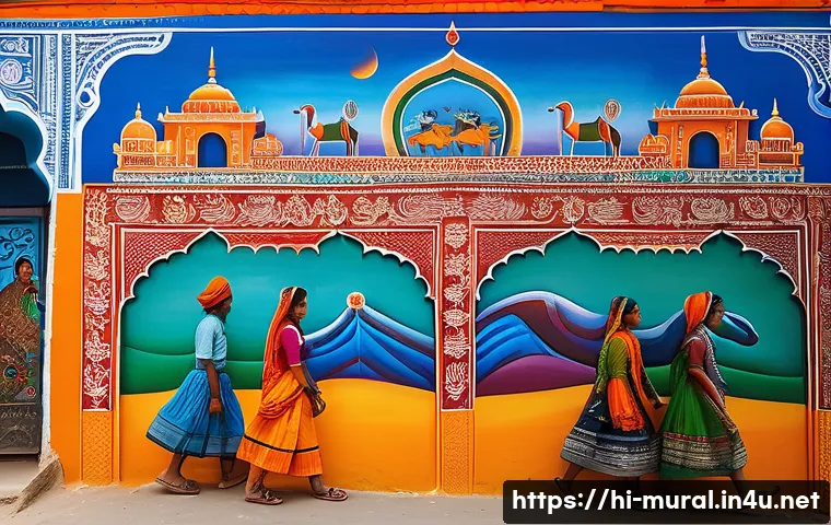 벽화 여행의 사회적 가치 - A vibrant street mural in a small Indian town depicting local history and folklore, featuring colorf...