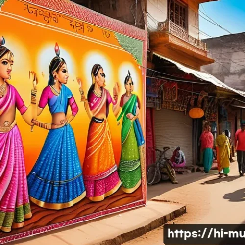 벽화여행의 오프라인과 온라인 마케팅 - A vibrant street scene in an Indian city featuring a colorful mural wall with traditional Hindi moti...