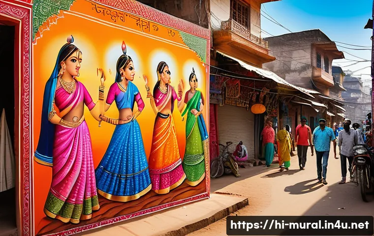 벽화여행의 오프라인과 온라인 마케팅 - A vibrant street scene in an Indian city featuring a colorful mural wall with traditional Hindi moti...