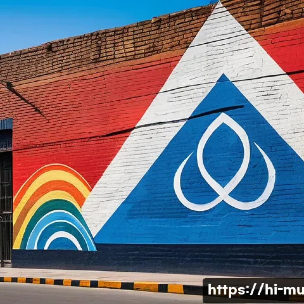 벽화와 문학적 상징 - A vibrant mural on an urban wall depicting symbolic geometric shapes with vivid colors: a large red ...