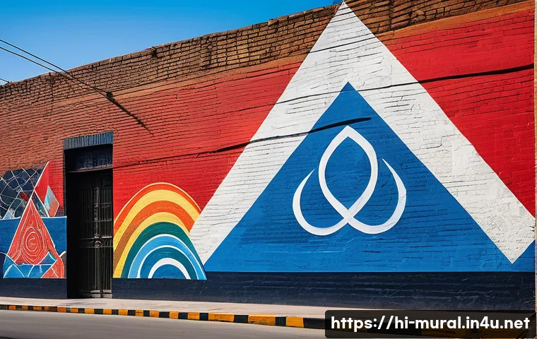 벽화와 문학적 상징 - A vibrant mural on an urban wall depicting symbolic geometric shapes with vivid colors: a large red ...