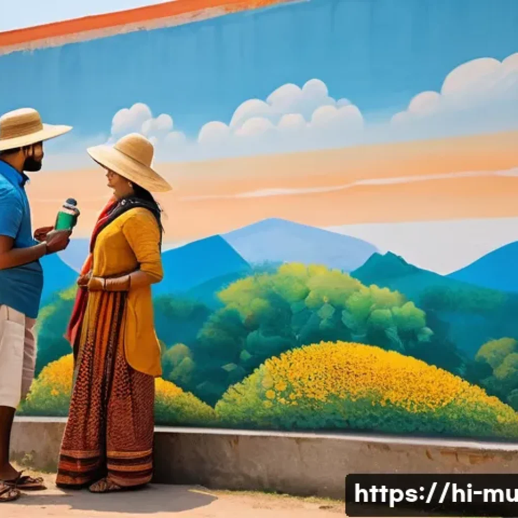 벽화여행 안전 수칙 - A vibrant scene of a family visiting a colorful mural on an outdoor wall in India during early morni...
