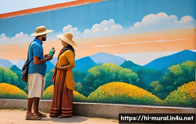 벽화여행 안전 수칙 - A vibrant scene of a family visiting a colorful mural on an outdoor wall in India during early morni...