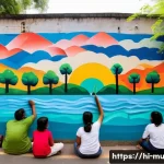 Home 22 벽화와 환경보호 - A vibrant public mural painted on a busy urban wall in an Indian city, featuring colorful illustrati...