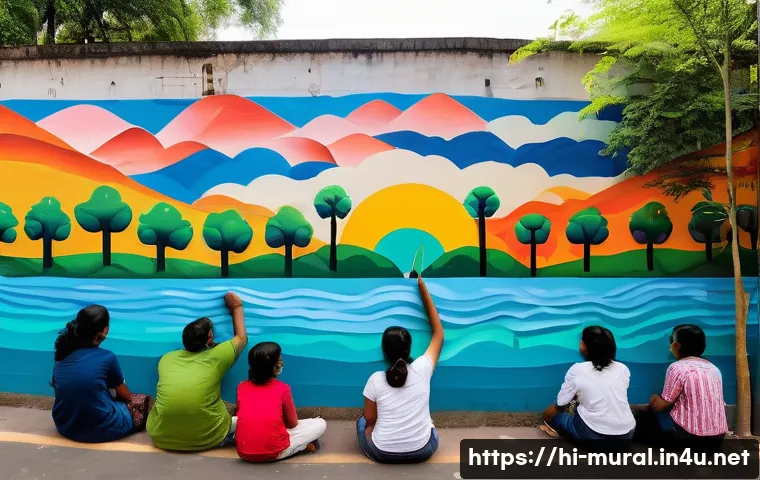 벽화와 환경보호 - A vibrant public mural painted on a busy urban wall in an Indian city, featuring colorful illustrati...