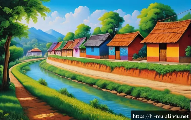 벽화여행 강원도 홍천 벽화마을 - A vibrant rural village street scene showcasing traditional Indian wall murals painted with natural ...