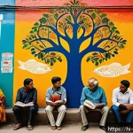 Home 20 벽화의 정치적 메시지 - A vibrant urban street wall painted with bold, colorful murals depicting social awareness themes suc...