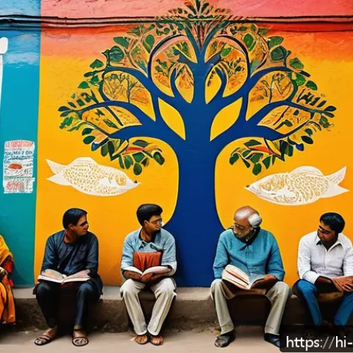 Home 32 벽화의 정치적 메시지 - A vibrant urban street wall painted with bold, colorful murals depicting social awareness themes suc...