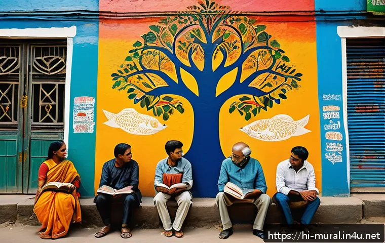 벽화의 정치적 메시지 - A vibrant urban street wall painted with bold, colorful murals depicting social awareness themes suc...