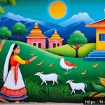 Home 19 벽화여행 마을 발전 사례 - A vibrant village wall mural depicting traditional Hindi folk tales with colorful characters in elab...