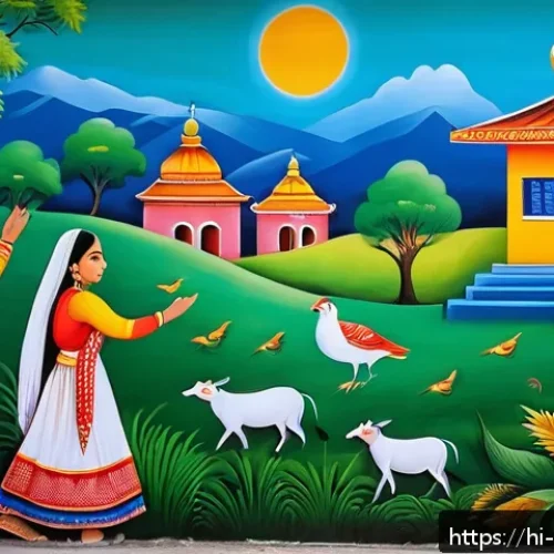 Home 31 벽화여행 마을 발전 사례 - A vibrant village wall mural depicting traditional Hindi folk tales with colorful characters in elab...
