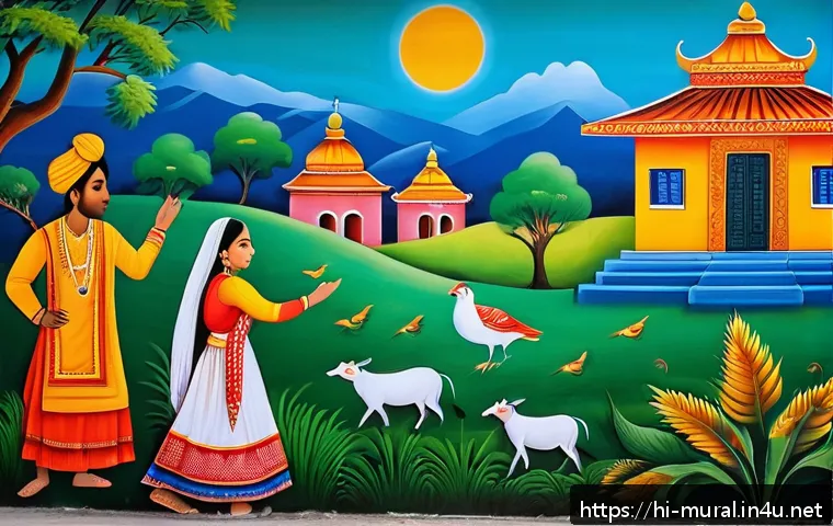 벽화여행 마을 발전 사례 - A vibrant village wall mural depicting traditional Hindi folk tales with colorful characters in elab...