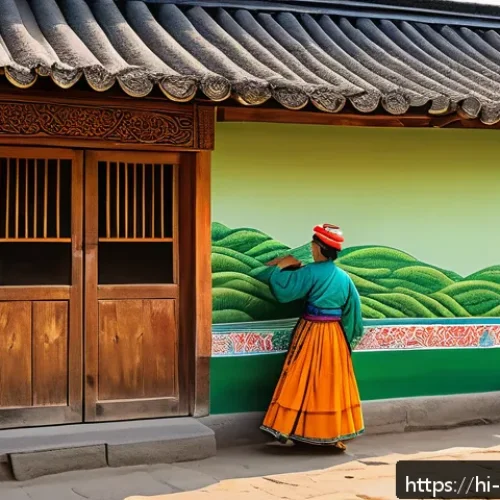 Home 17 벽화여행 전주 한옥마을 - A vibrant mural on the walls of Jonju Hanok Village depicting daily rural life in vivid colors: farm...