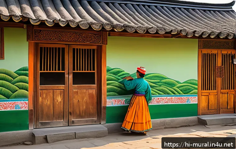 벽화여행 전주 한옥마을 - A vibrant mural on the walls of Jonju Hanok Village depicting daily rural life in vivid colors: farm...