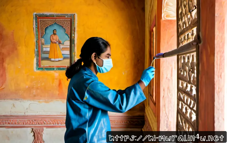 벽화여행 문화재 보호와 벽화 - Photorealistic heritage mural conservation scene inside an ancient Indian palace corridor, skilled c...