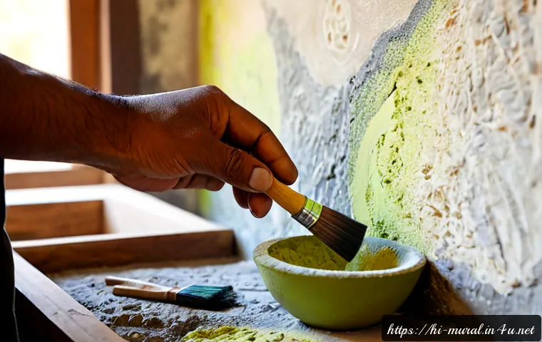벽화의 재료와 기법 - Photorealistic close-up of a skilled mural artist applying mineral pigments to a textured plaster wa...